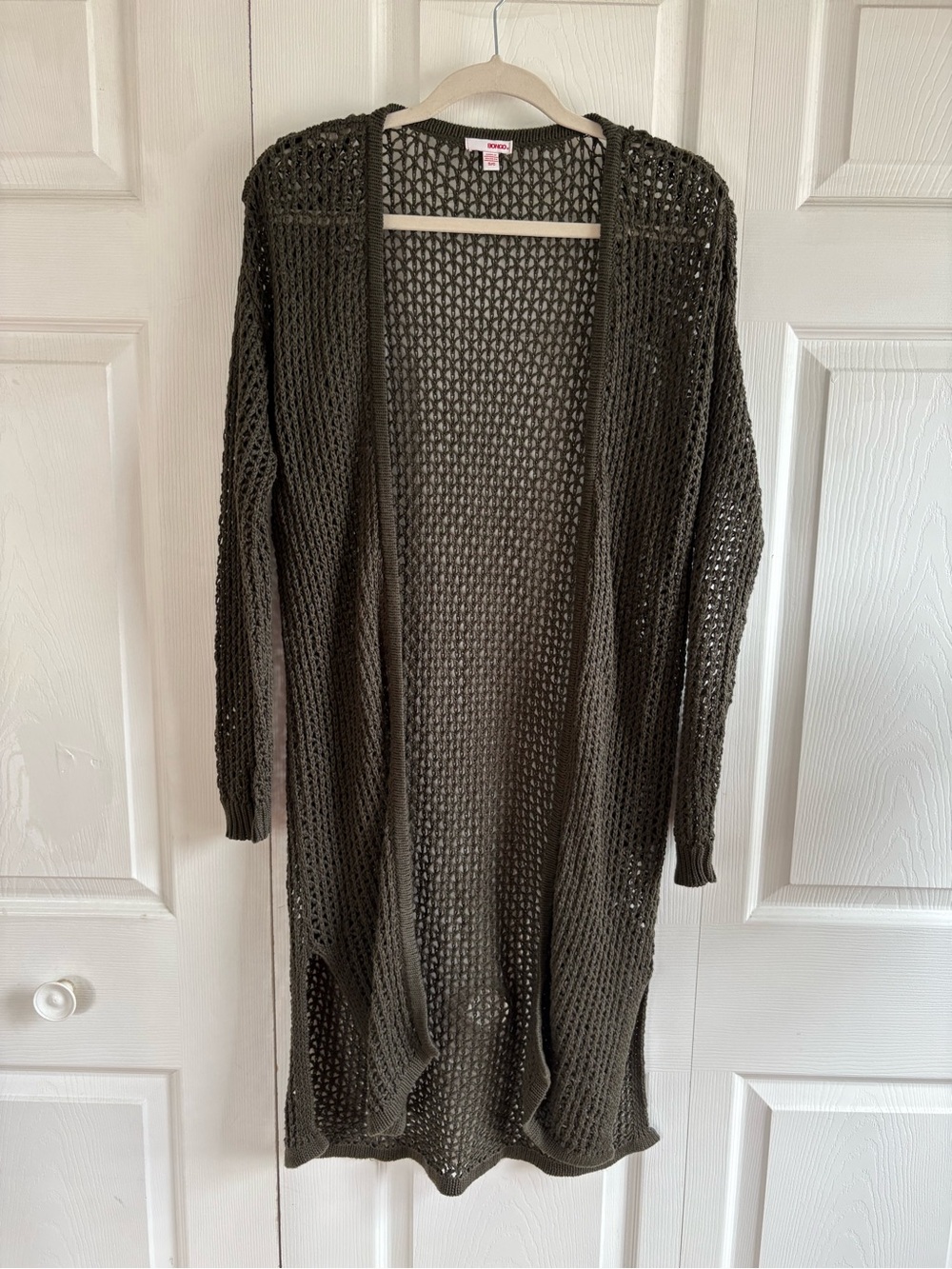 Bongo Olive Green Open‎ Front Crochet Long Sleeve Cover Up Cardigan Lagenlook S